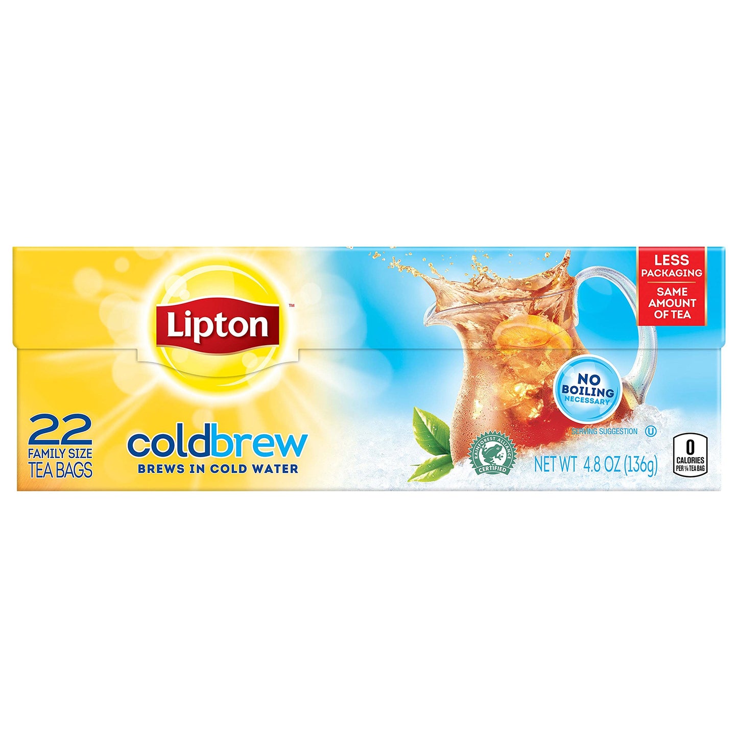 Lipton Cold Brew Unsweetened Black Iced Tea Bags, Family-Sized, 22 Count (Pack of 12)