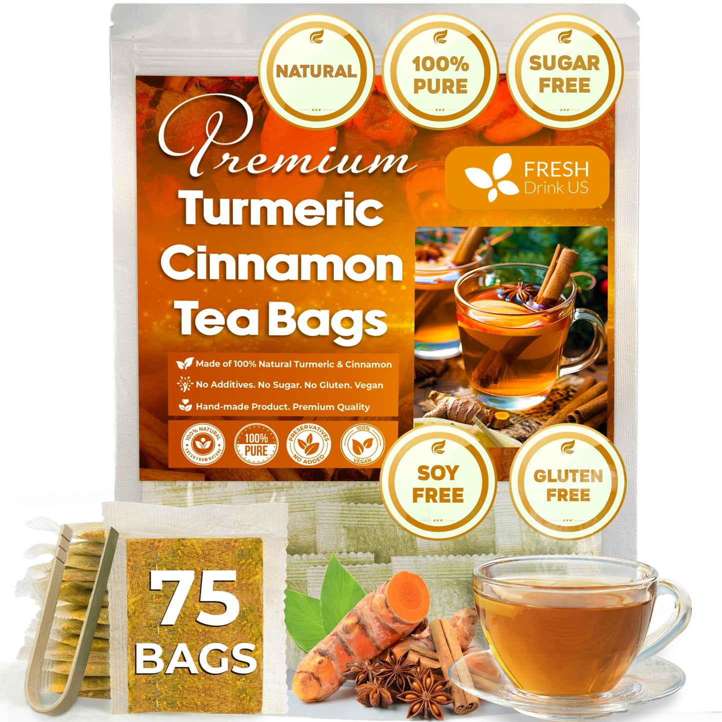 FRESHDRINKUS Premium Turmeric Cinnamon Tea Bags, 100% Natural, Vegan, 75 Count