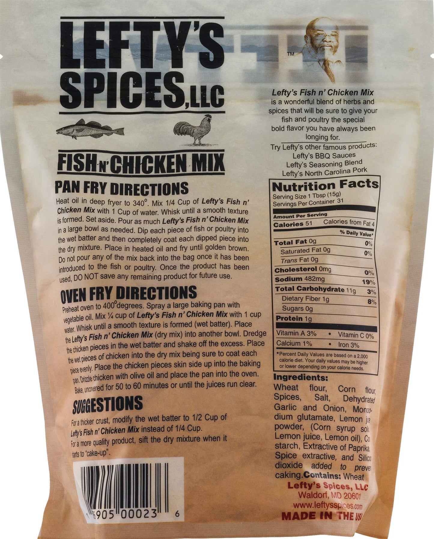 Leftys Spices Fish N Chicken Mix for Oven, Pan or Deep Fry 16oz Bag (Pack of 3) Chose Flavor Below (Spicy)