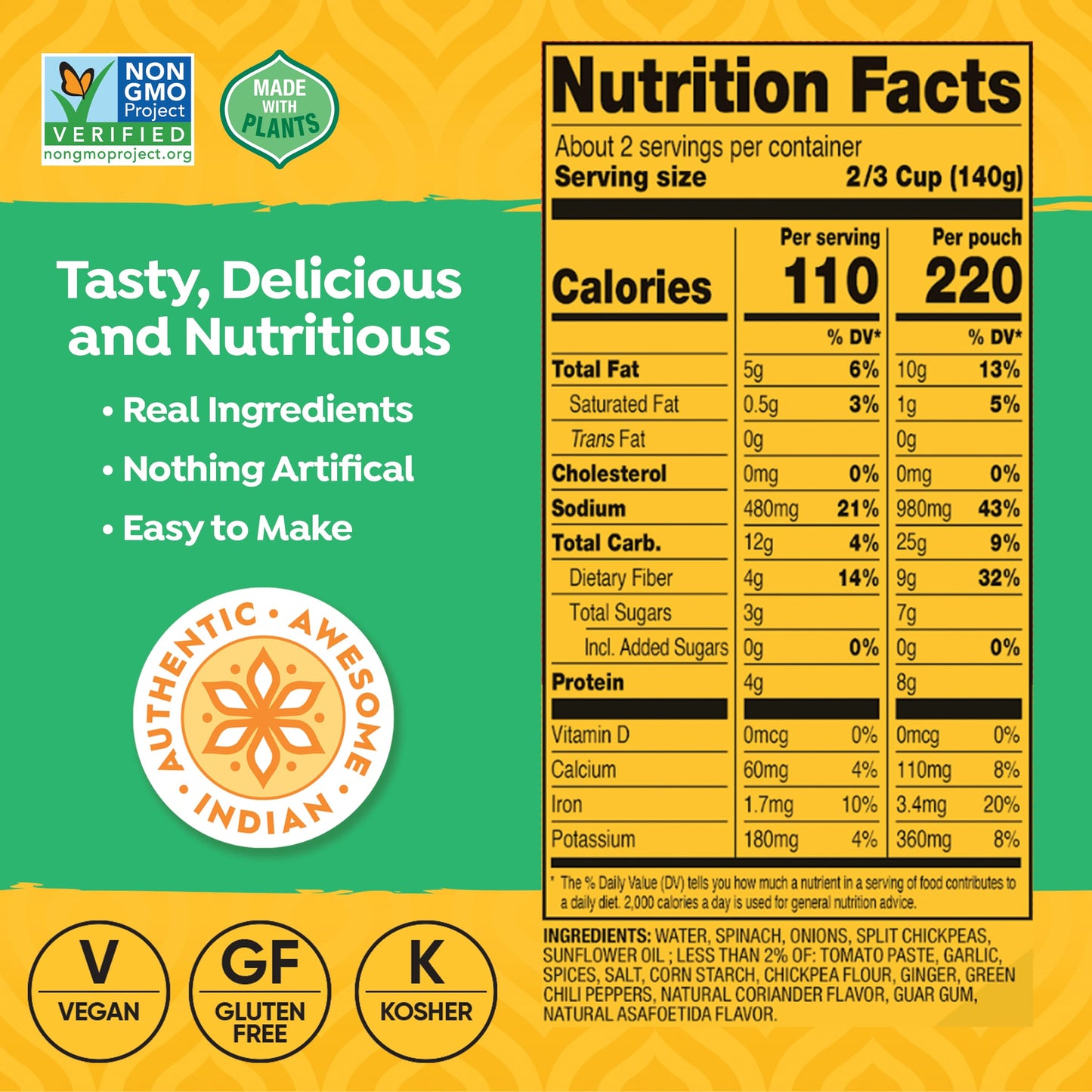 Tasty Bite Spinach Dal, Ready To Eat, 10 Ounce, Pack Of 6, Microwavable With Spinach & Lightly Spiced Sauce, Vegan