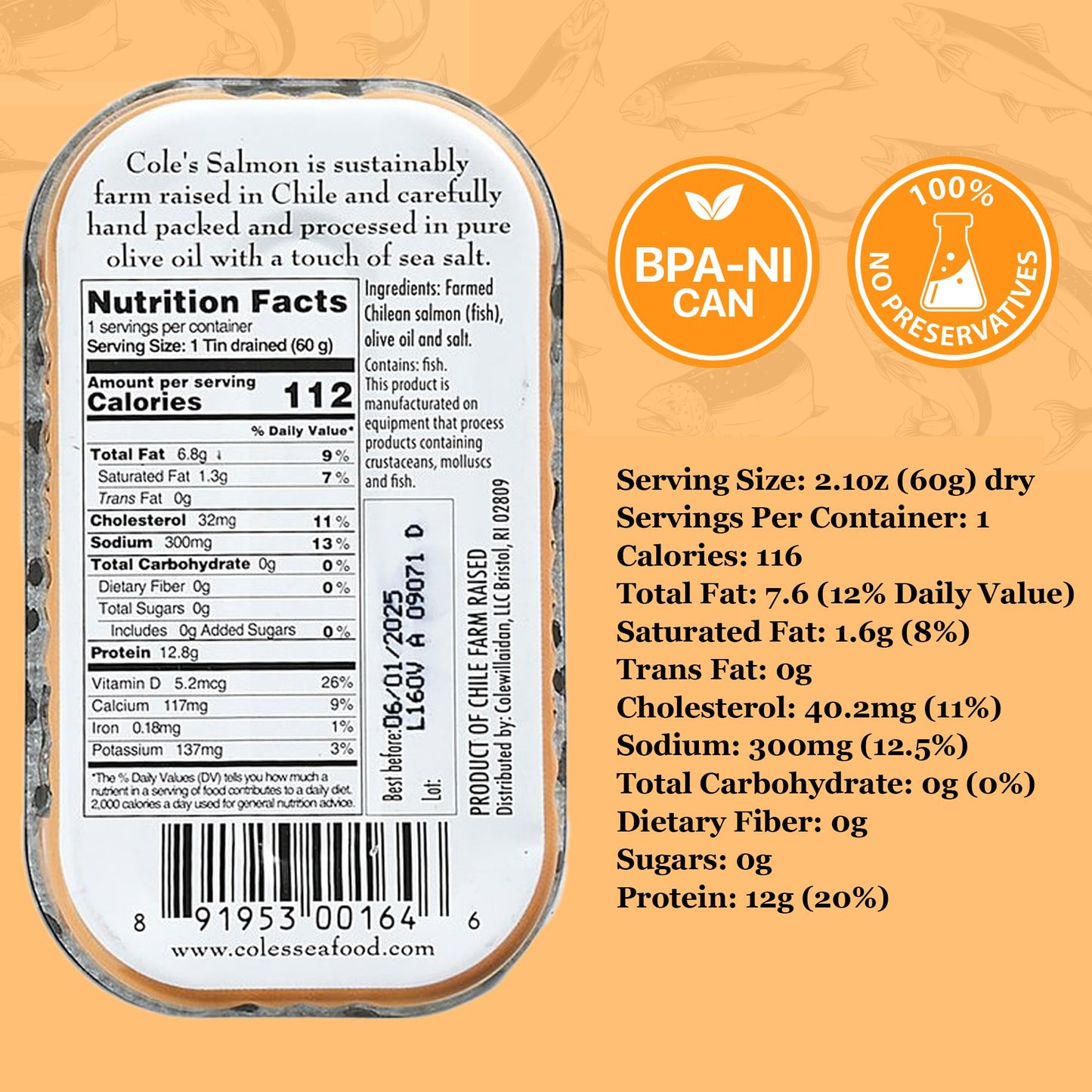 Coles Seafood Hand Packed Smoked Salmon, Preservative Free, High in Protein, 3.2 oz Can, Pack of 10