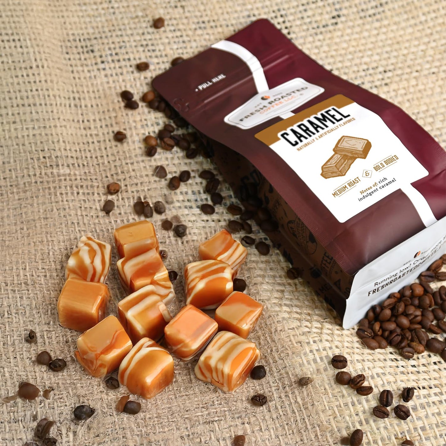Fresh Roasted Coffee, Caramel Flavored Coffee, 12 Oz, Medium Roast, Kosher, Whole Bean