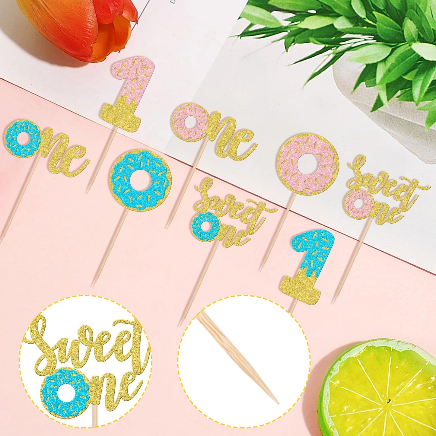 24 Pcs Donut Gender Reveal Cupcake Toppers Sweet One Donut Cupcake Picks Donut 1St Birthday Party Decorations For Donut Theme Ba