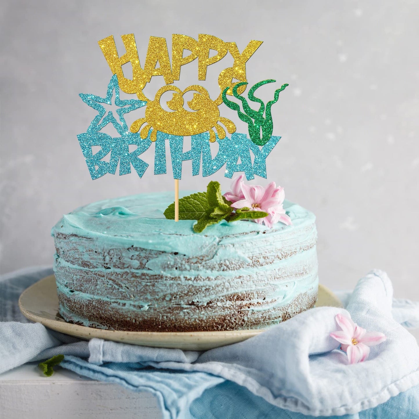 Monmon & Craft Crab Happy Birthday Cake Topper/Ocean Baby Children 1St Birthday Cake Decor/Sea Animal Theme Birthday Party Decor