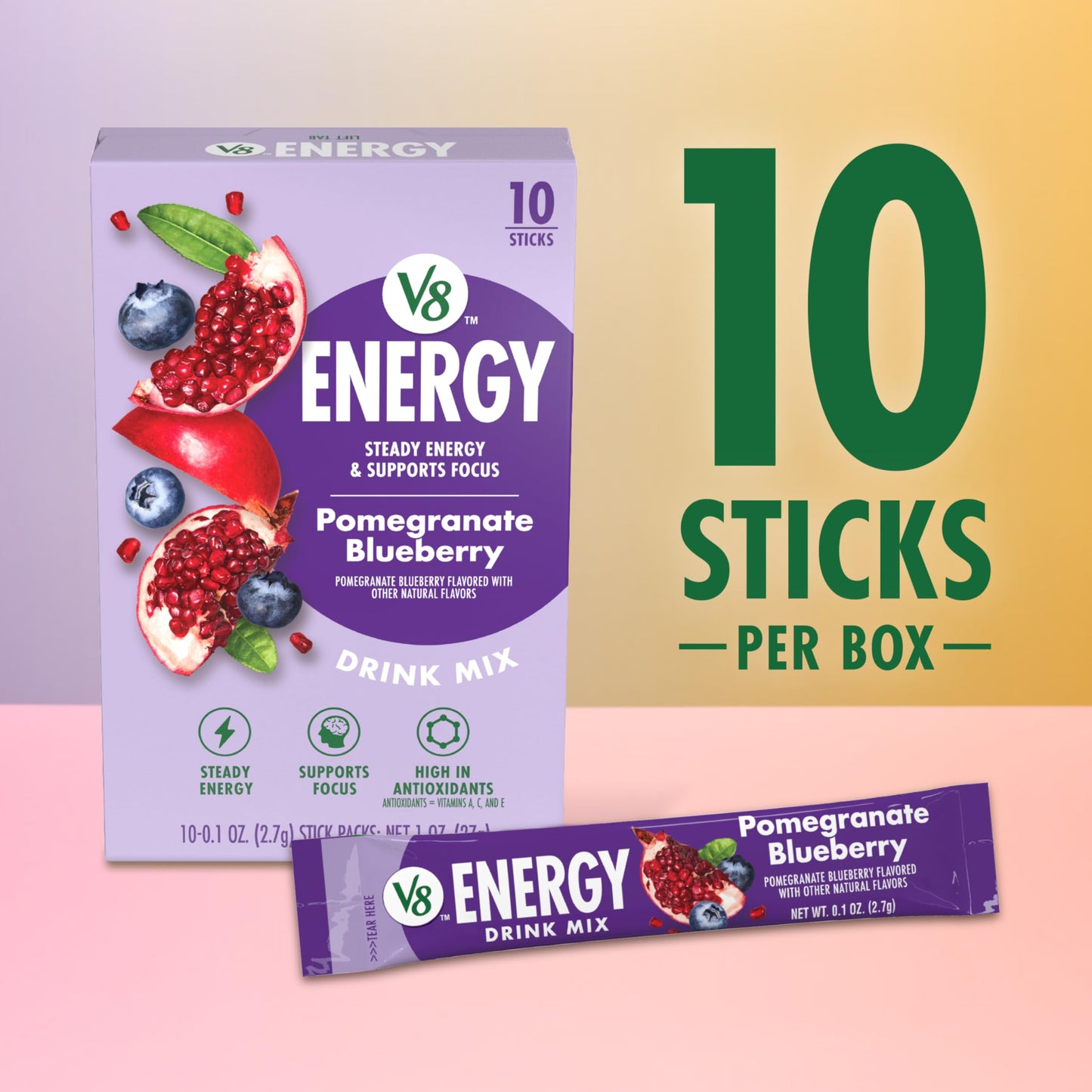 V8 Energy Pomegranate Blueberry Energy Drink Powder  .10 oz Packet (120 Count)