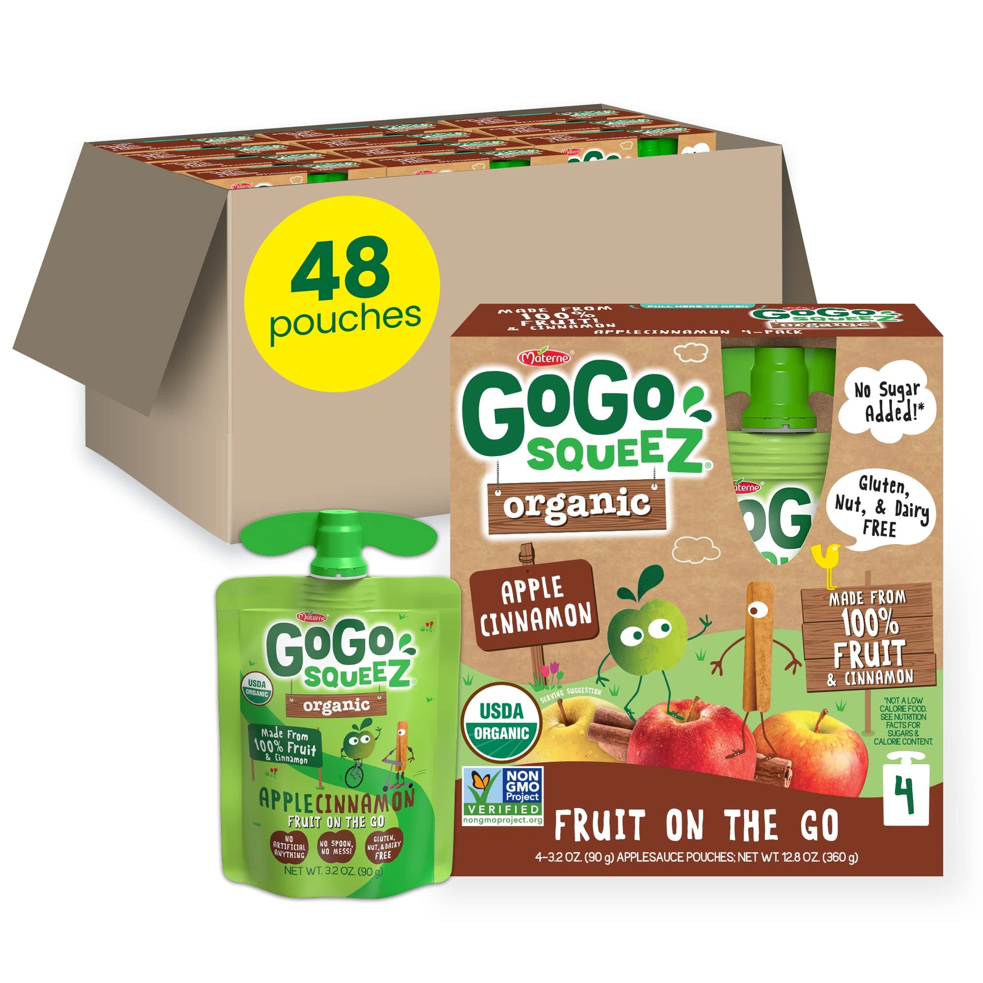 Gogo Squeez Fruit On The Go Organic, Apple Cinnamon, 3.2 Oz (Pack Of 48), Unsweetened Organic Fruit Snacks For Kids, Gluten Free