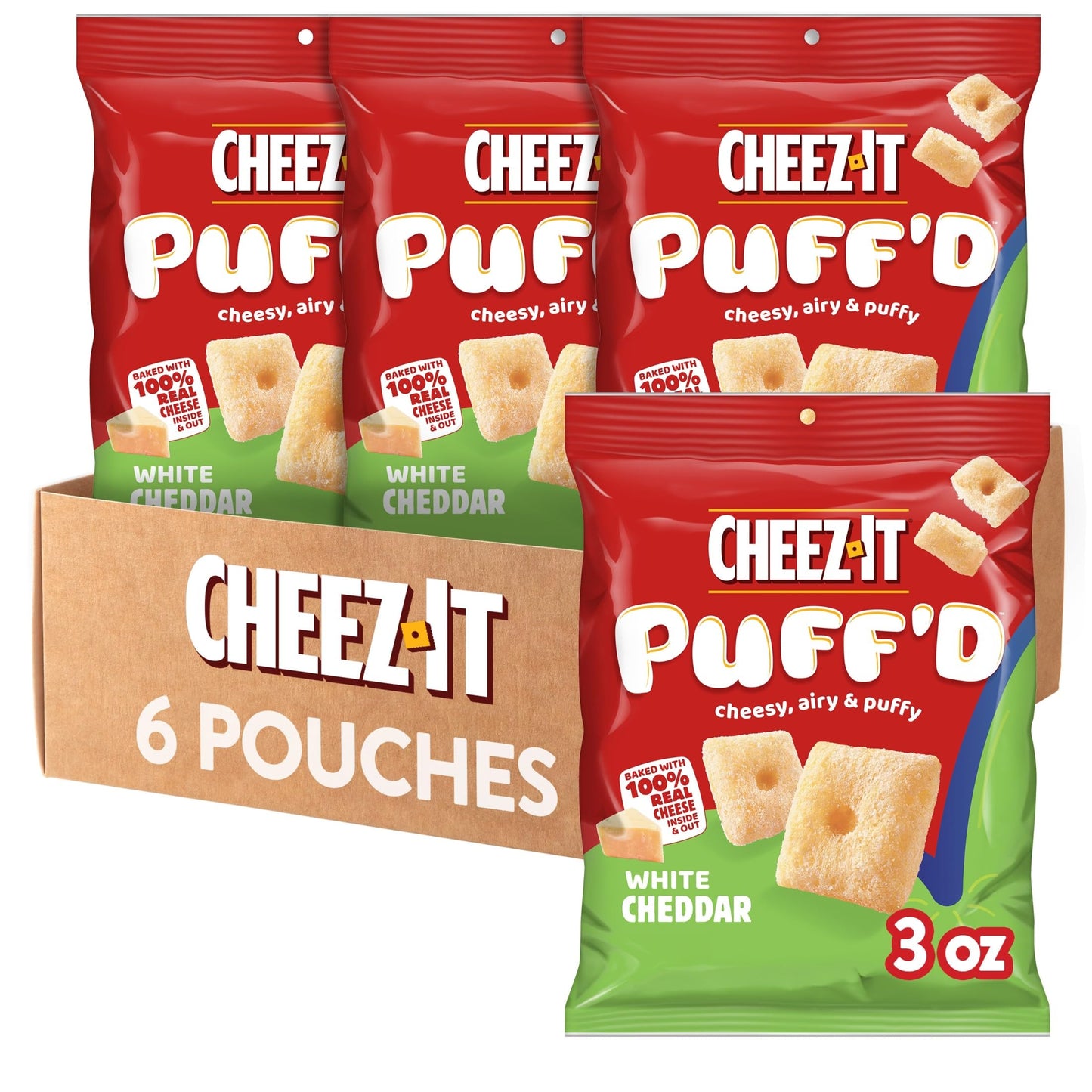 Cheez-It Puffd Cheesy Baked Snacks, Puffed Snack Crackers, Kids Snacks, White Cheddar, 18Oz Case (6 Pouches)