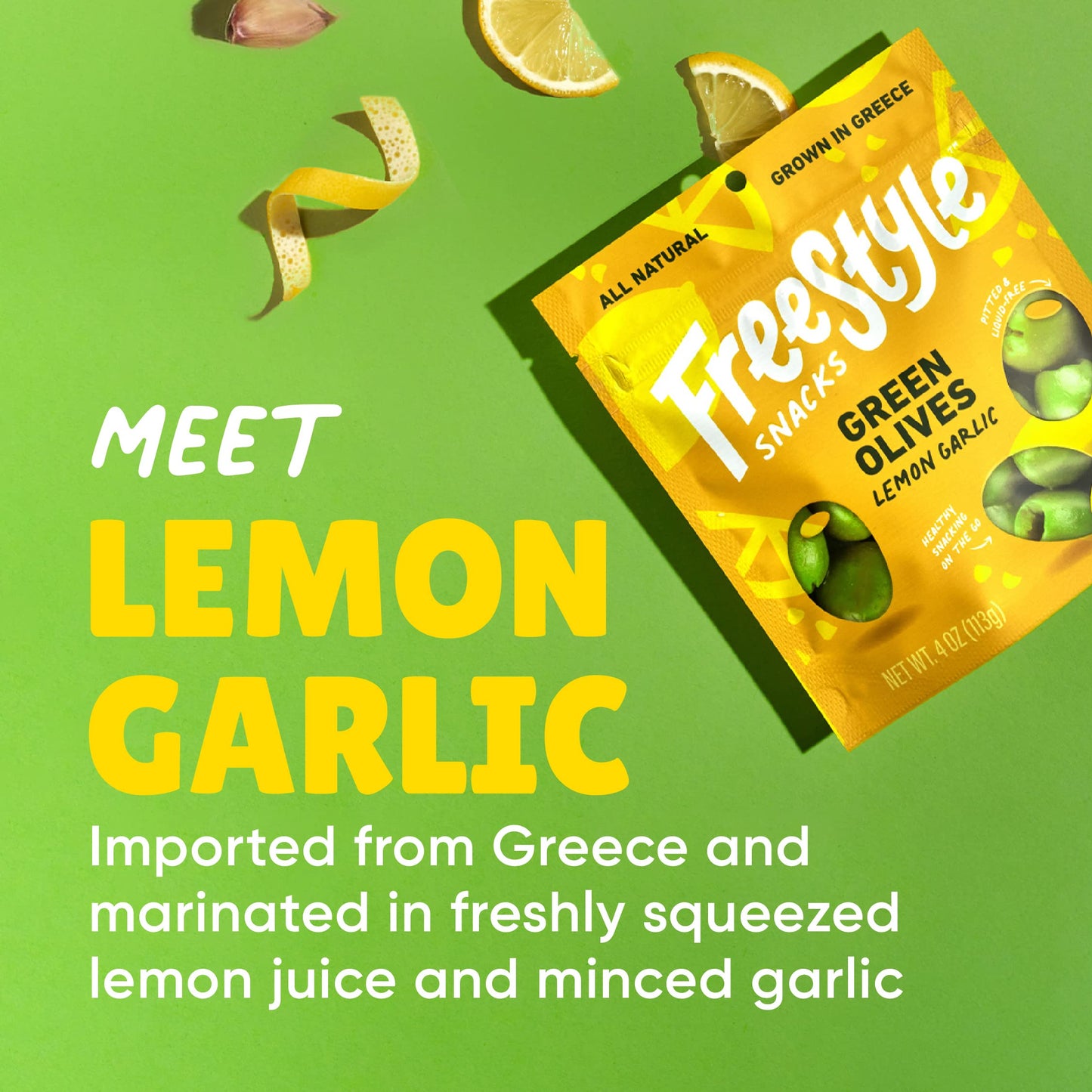 Freestyle Snacks Olive Snack Packs - Jumbo Green Olives, All Natural, Non-GMO, Lemon Garlic, 4oz (6 Pack)