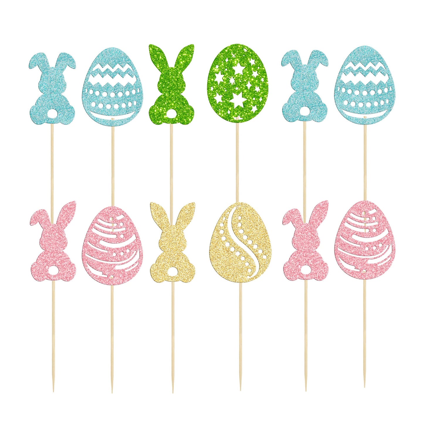 24Pcs Happy Easter Cupcake Toppers Glitter Cute Bunny Egg Cake Decorations Bunny Rabbit Cake Picks For Easter Spring Theme Babys