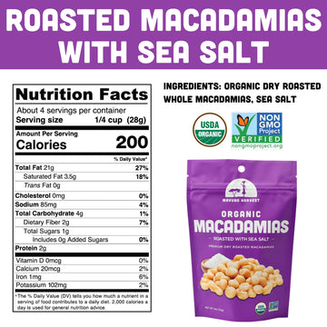 Mavuno Harvest Organic Roasted Macadamia Nuts, Sea Salt, Vegan, 4 Ounce (Pack of 6)