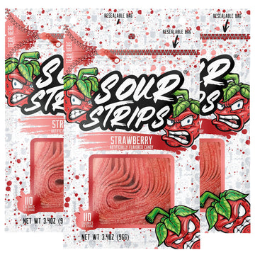 Sour Strips Sour Candy Belts, Strawberry, Resealable Candy Bags, 3.4 Ounce (Pack of 3)