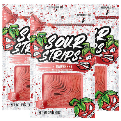 Sour Strips Sour Candy Belts, Strawberry, Resealable Candy Bags, 3.4 Ounce (Pack of 3)