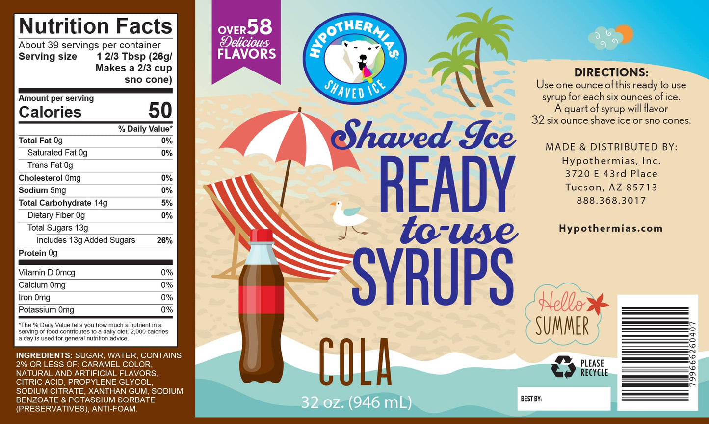 Hypothermias Shaved Ice & Snow Cone Syrup - Quart (32 Fl. Oz) - Cola - Non-GMO 100% Pure Cane Sugar