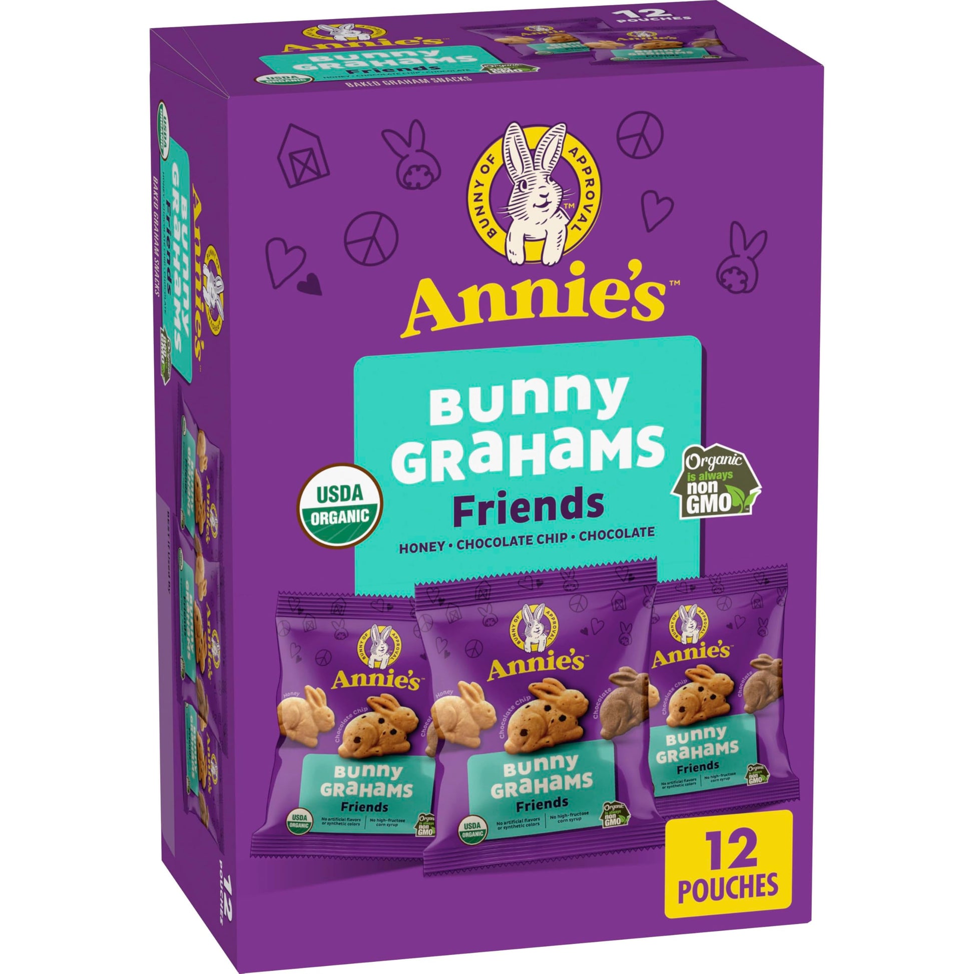 Annie s Organic Friends Bunny Grahams, Chocolate Chip, Chocolate, and Honey Baked Graham Snacks, 12 Pouches, 12 oz