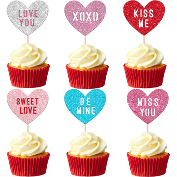 24 Pcs Valentine'S Day Heart Cupcake Toppers Glitter Double Layers Xoxo Sweet Love Be Mine Kiss Me Miss You Cupcake Picks Decora
