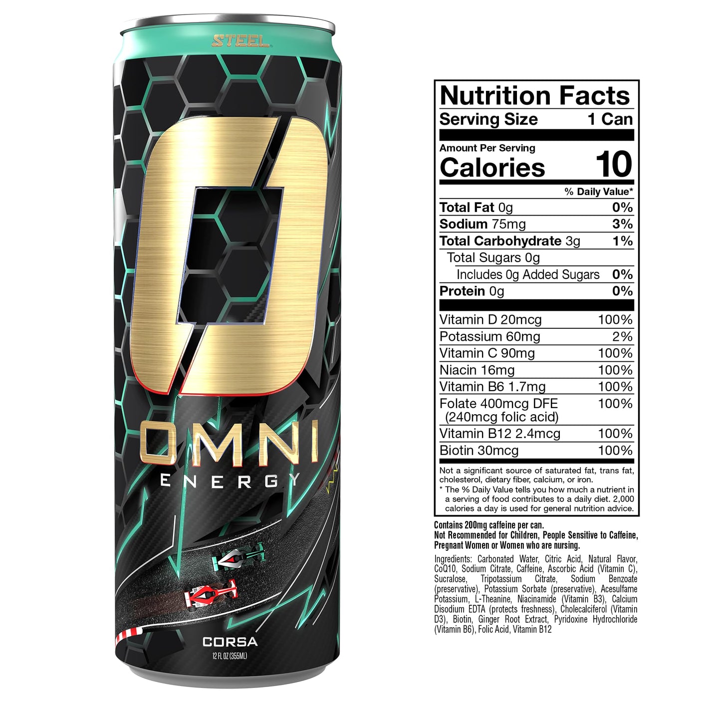 Steel dietary products OMNI Energy Drink, 200mg Caffeine, B Vitamins, Sugar-Free, Low Calorie, 12 Oz, Pack of 12