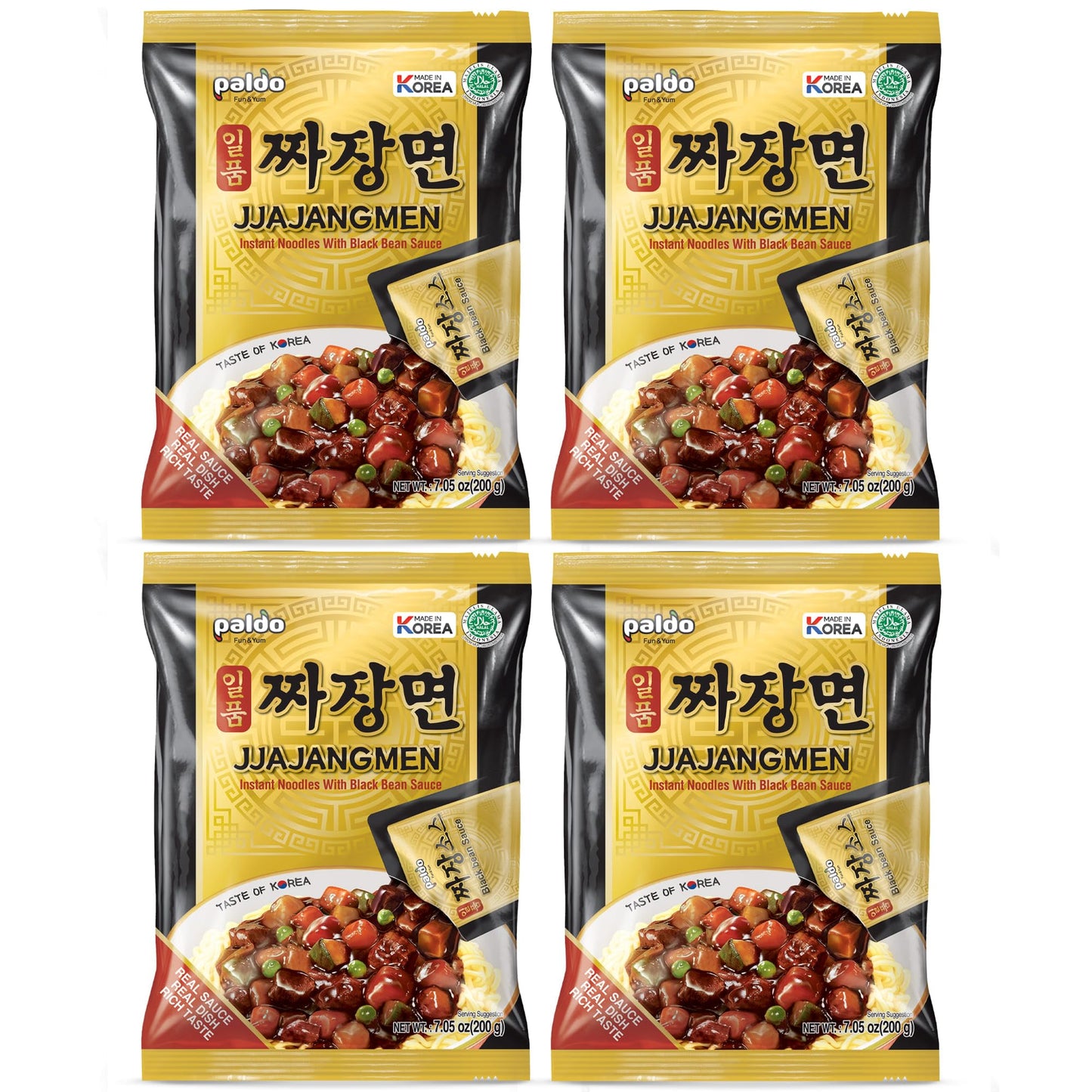 Paldo Fun & Yum Ilpoom Jjajangmen Noodles, Pack of 4, Traditional Brothless Chajang Ramen with Savory & Sweet Black Bean Sauce,