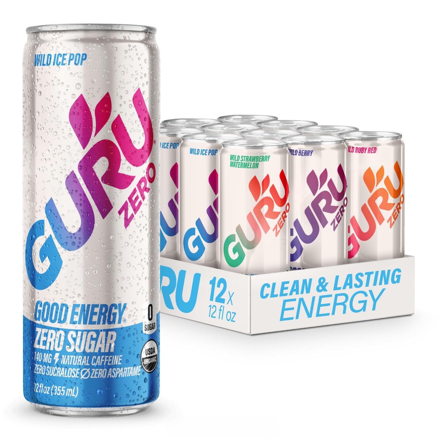 GURU Organic Energy Drink Variety Pack, Plant-Based Caffeine, Zero Sugar, Vegan, 12 Fl Oz (Pack of 12)