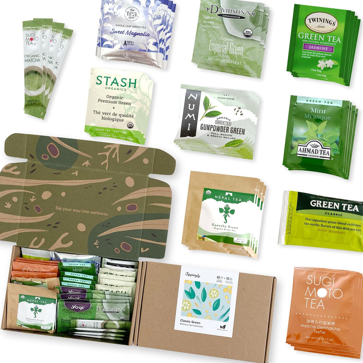 Sippingly Green Tea Sampler - 40 Assorted Bags, 10 Flavors from Japan, Nepal, China & India, Gluten-Free, Kosher, 50 Piece Set