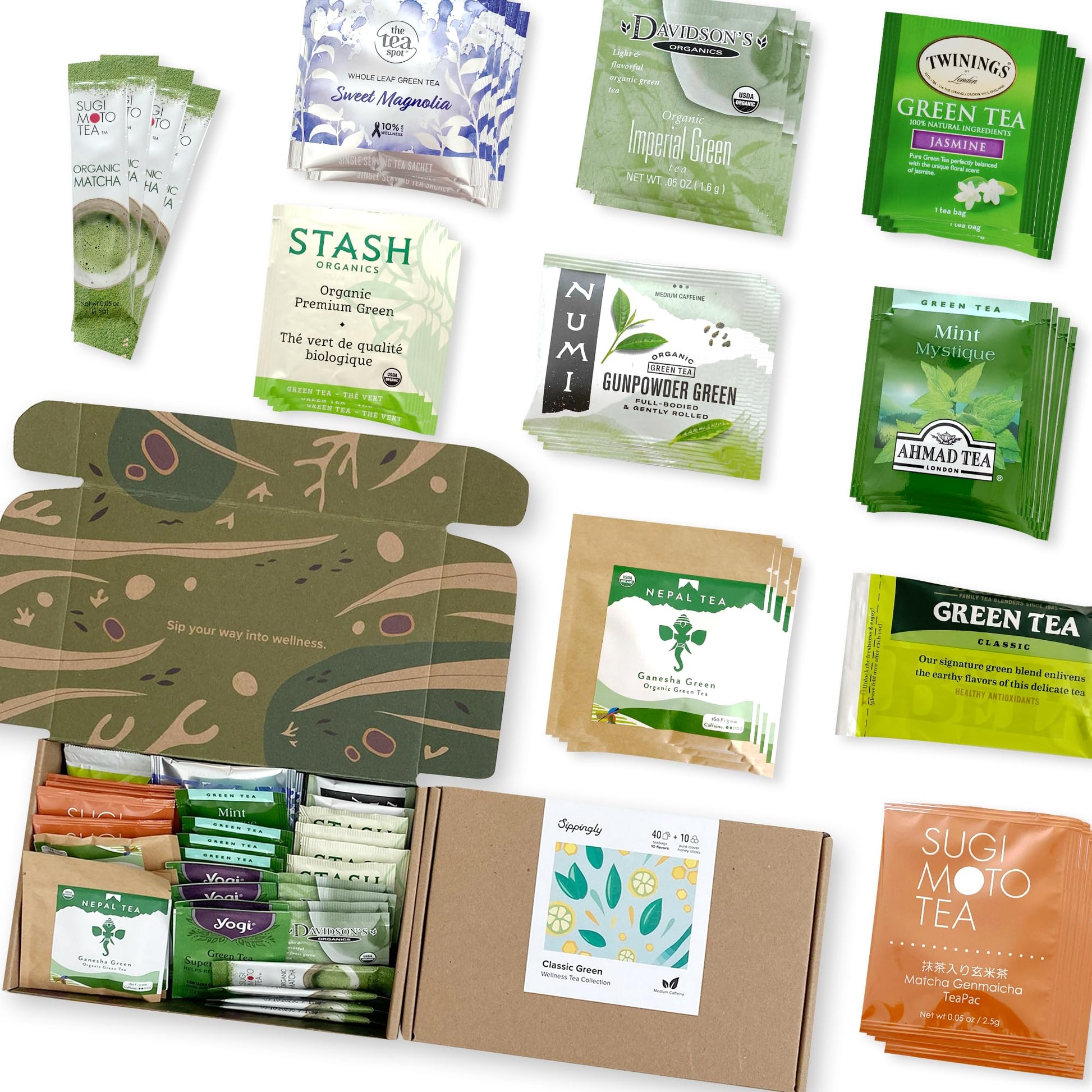 Sippingly Green Tea Sampler - 40 Assorted Bags, 10 Flavors from Japan, Nepal, China & India, Gluten-Free, Kosher, 50 Piece Set