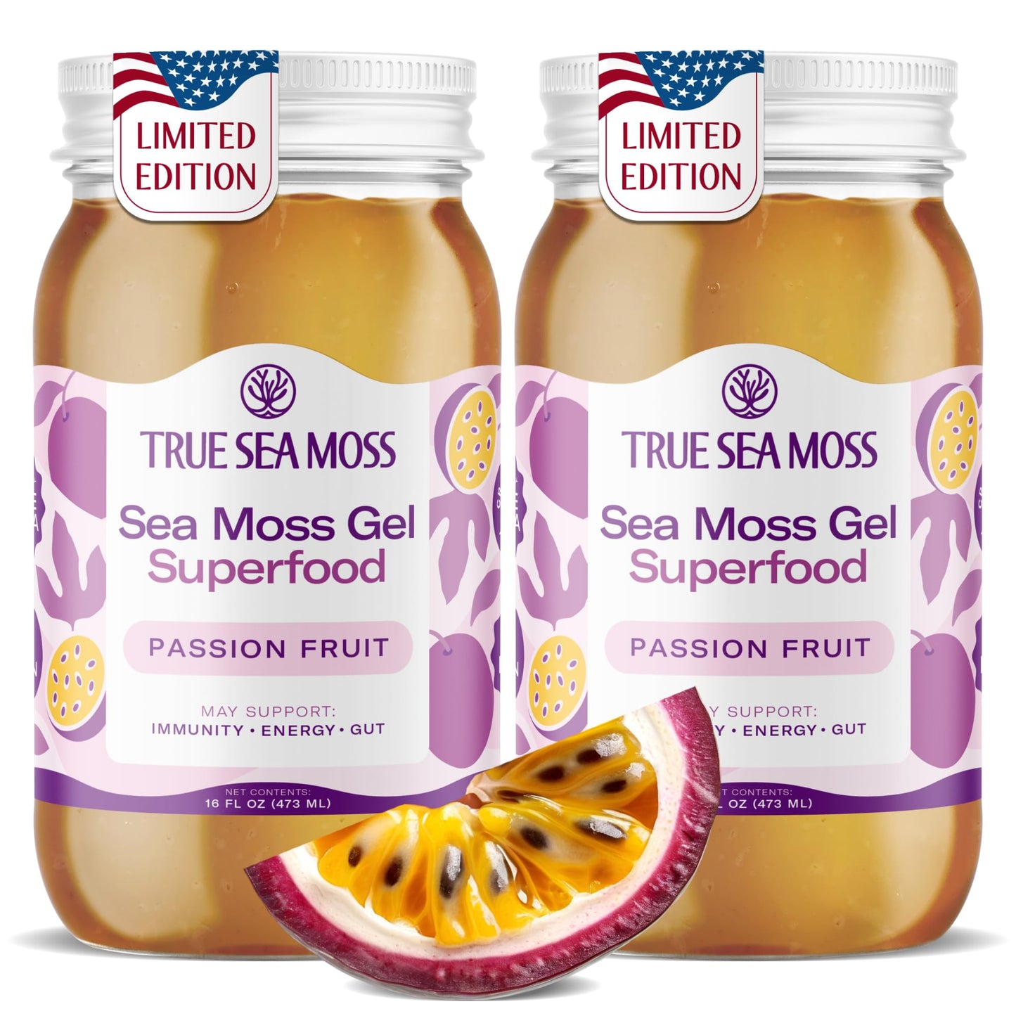 TrueSeaMoss Sea Moss Gel - Made in USA - Wildcrafted Seamoss  Fruits & Jarred Vegetables - Passion Fruit  Pack of 2 (Labels may Vary)