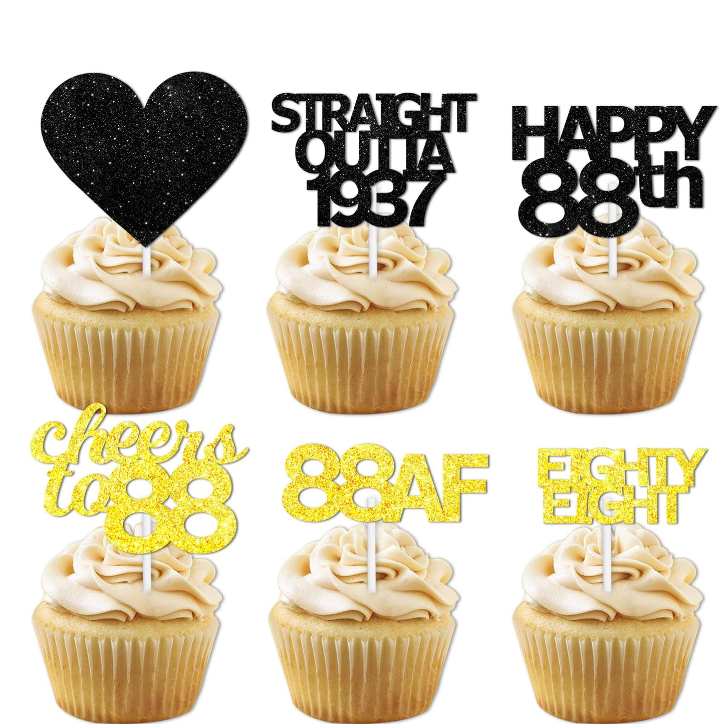 18pcs Black Gold Glitter Dessert Cupcake Pick for Straight Outta 1937 Cheer to 88 Years Old Theme Decor Supplies Happy 88th Birt