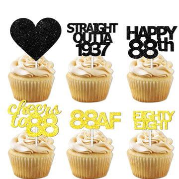 18pcs Black Gold Glitter Dessert Cupcake Pick for Straight Outta 1937 Cheer to 88 Years Old Theme Decor Supplies Happy 88th Birt