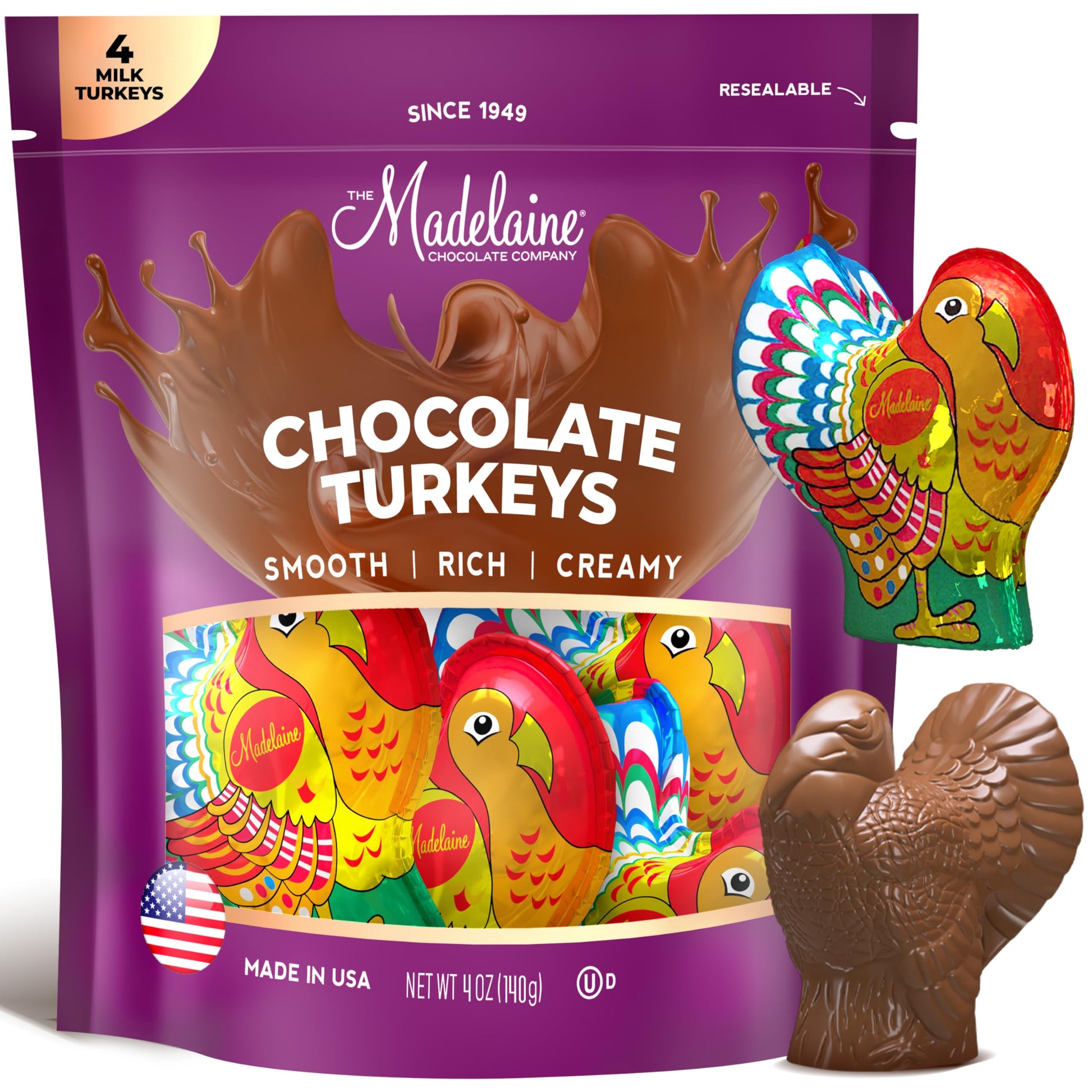 Madelaine Milk Chocolate Turkey Candy - 1 oz Foil-Wrapped Thanksgiving Chocolates - Fun Fall Holiday  & D?cor - 4 Pack Individually Wrapped Turkeys