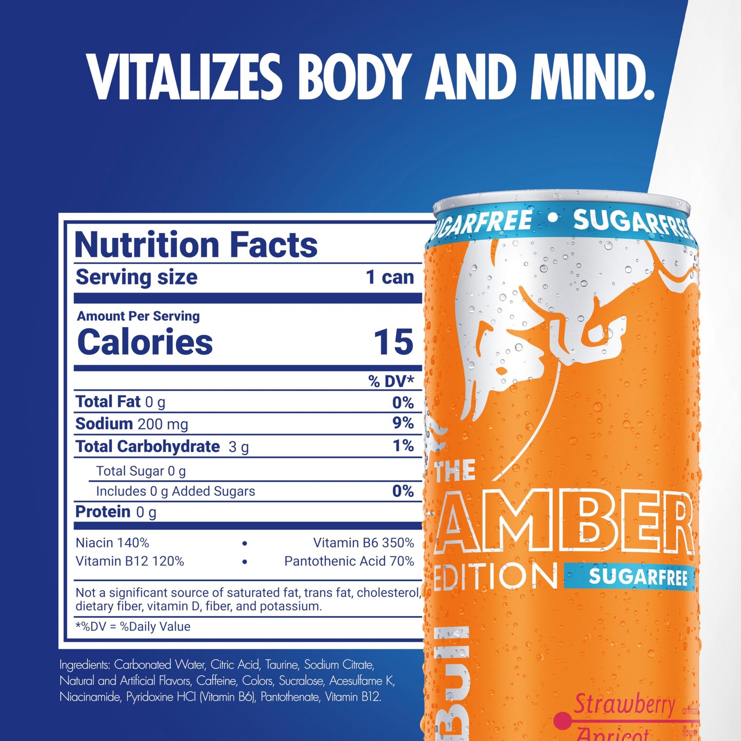 Red Bull Amber Edition Sugar Free Energy Drink  Strawberry Apricot  with 114mg Caffeine plus Taurine & B Vitamins  12 Fl Oz  Pack of 24 Cans