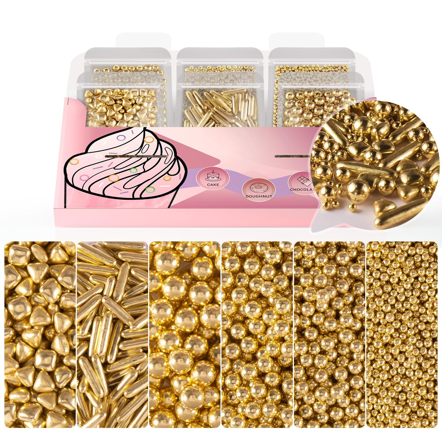 Huebeaty 6-in-1 Metallic Gold Dragees Sprinkles for Cake Decorating, 180g, Gold