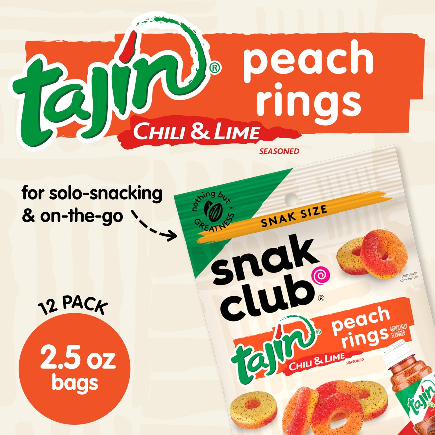 Snak Club Tajin Peach Rings Gummy Candy, Fruit Candy Gummies with Chili and Lime Seasoning, Mild, Gluten-Free and Vegan Snacks,