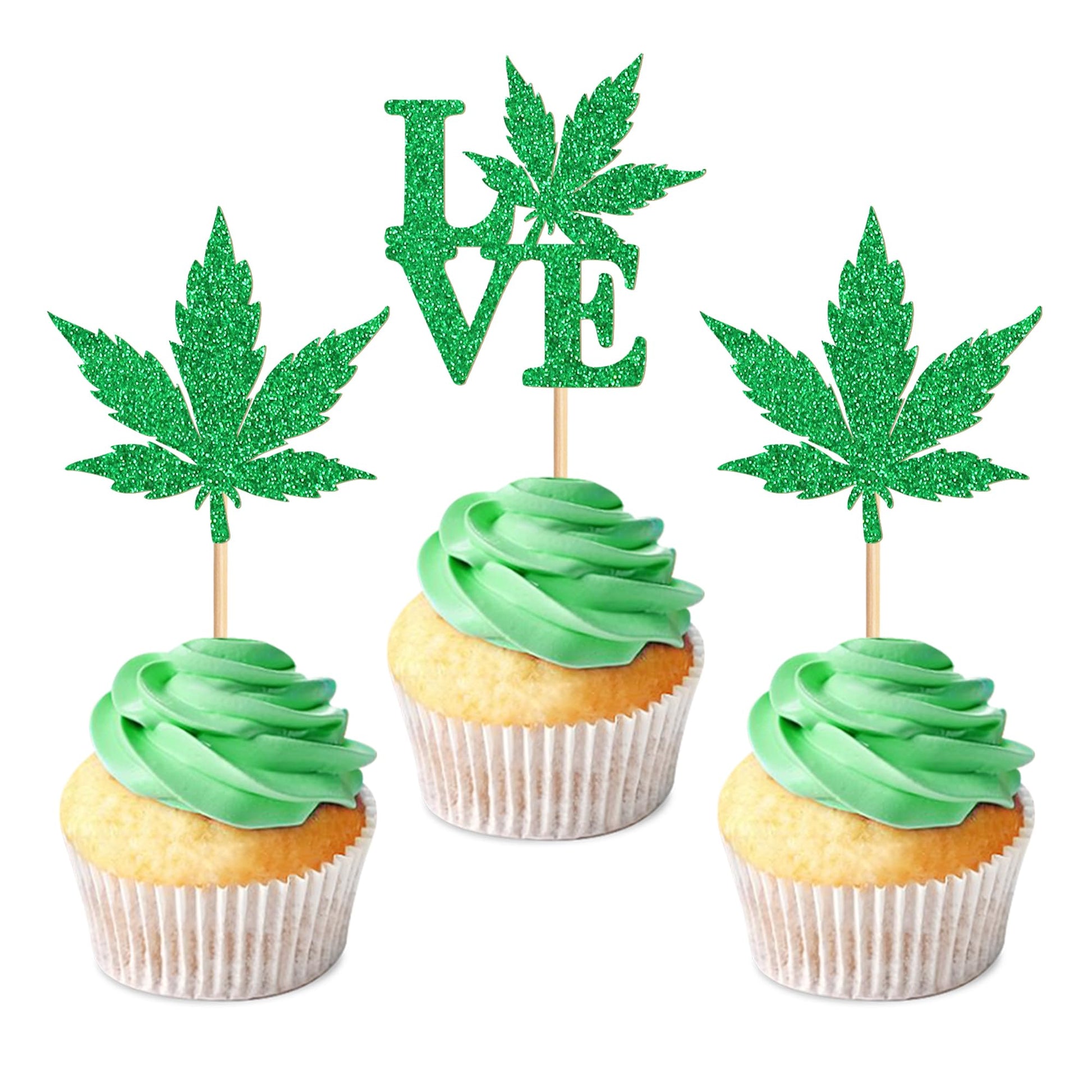 Ercadio 24 Pcs Green Glitter Cupcake Toppers for Birthday Party Decorations