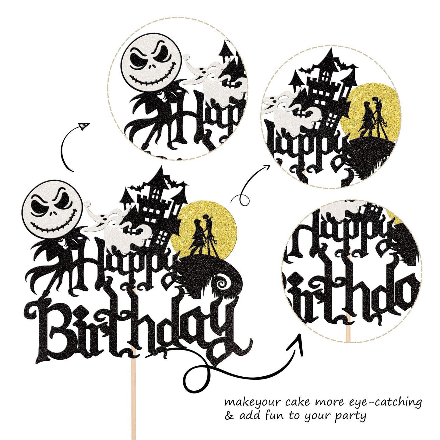 1 Pcs Halloween Happy Birthday Cake Topper Glitter Jack And Sally Castle Ghost Halloween Cake Pick For Nightmare Before Christma