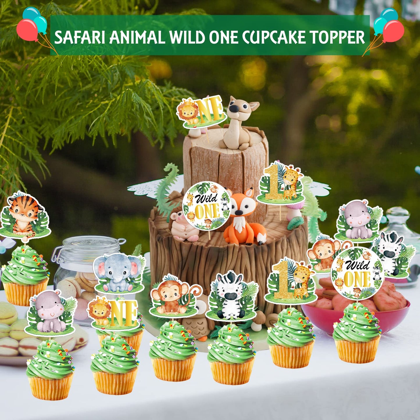 Weecent 48 Pcs Wild One Cupcake Toppers Baby 1St Birthday Decorations Jungle Safari Theme Cake Toppers For Baby Boy Girls Safari