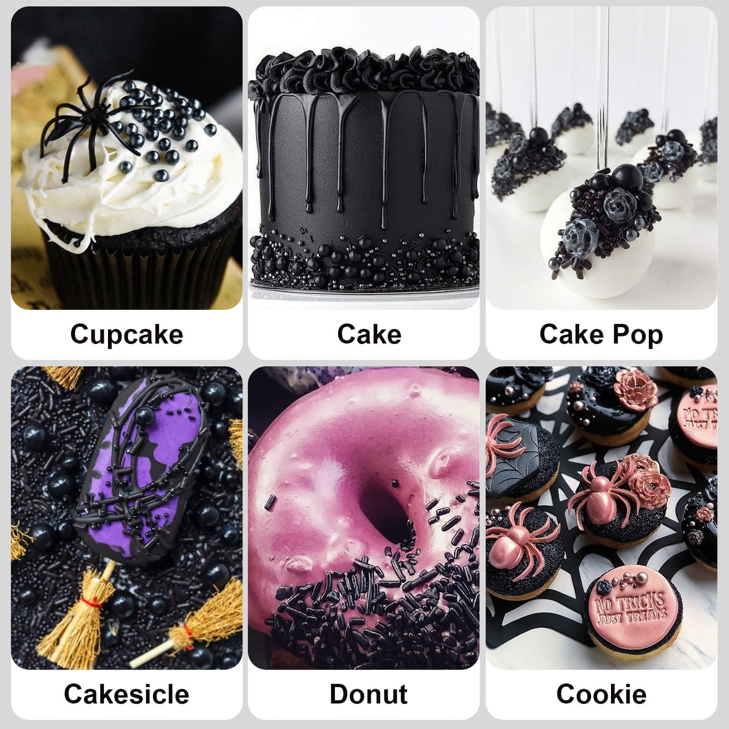 HUEBEATY 6-in-1 Black Edible Cake Pearls Sprinkles for Cake Cookies Decorating and Baking | 180g/6.36oz | Black Sanding Sugar fo