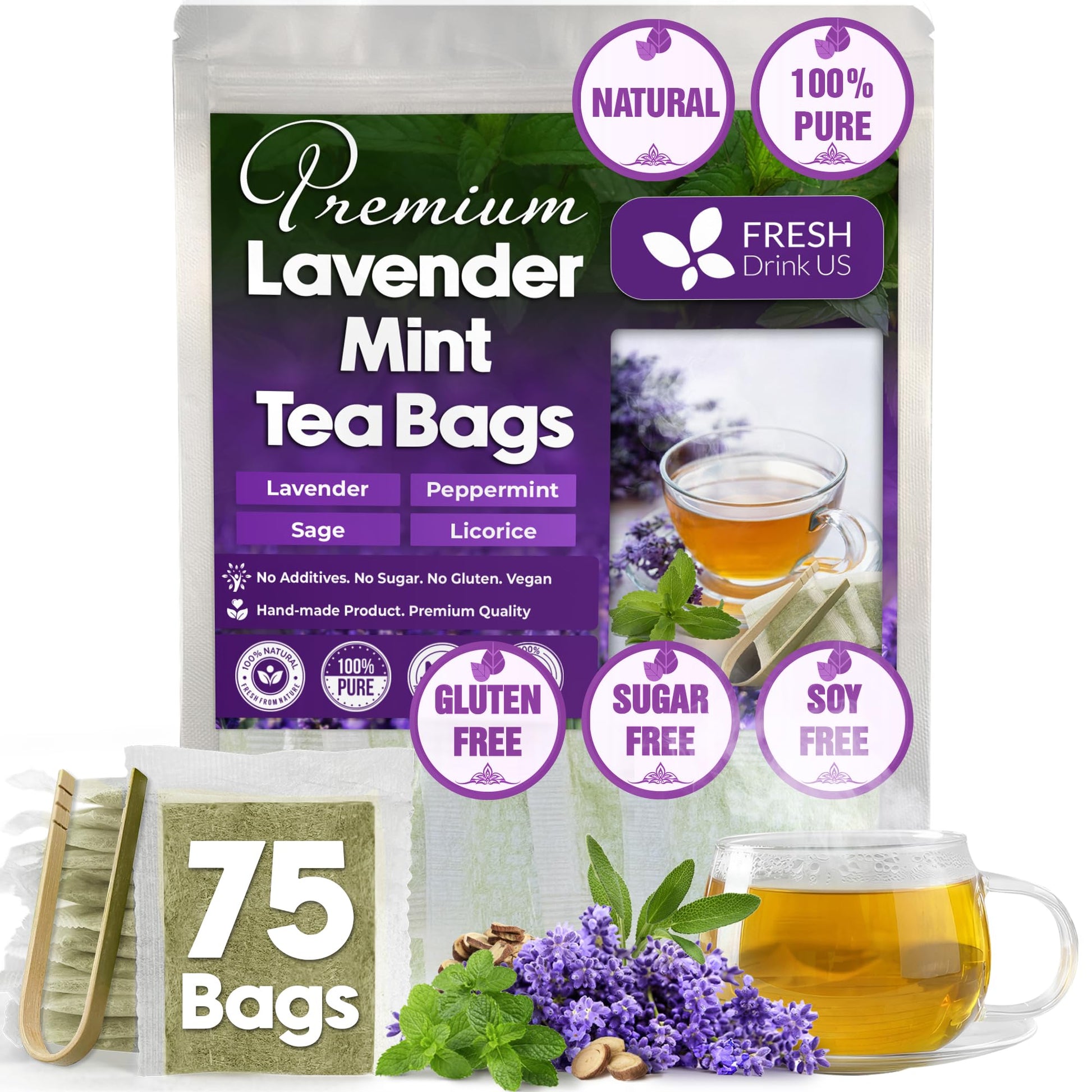 Freshdrinkus  Top-Grade 75 Tea Bags Lavender Mint Tea  100% Natural  Blend Of Lavender  Peppermint  Sage And Licorice. Made With Natural Material Tea Bags. No Sugar  No Energy Blend  Vegan.