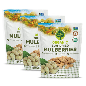 Happy Village Organic Dried Mulberries, Sun-Dried White Mulberry, 15 OZ (3 Packs of 5 OZ) - No Added Sugar, Non-GMO and Kosher C