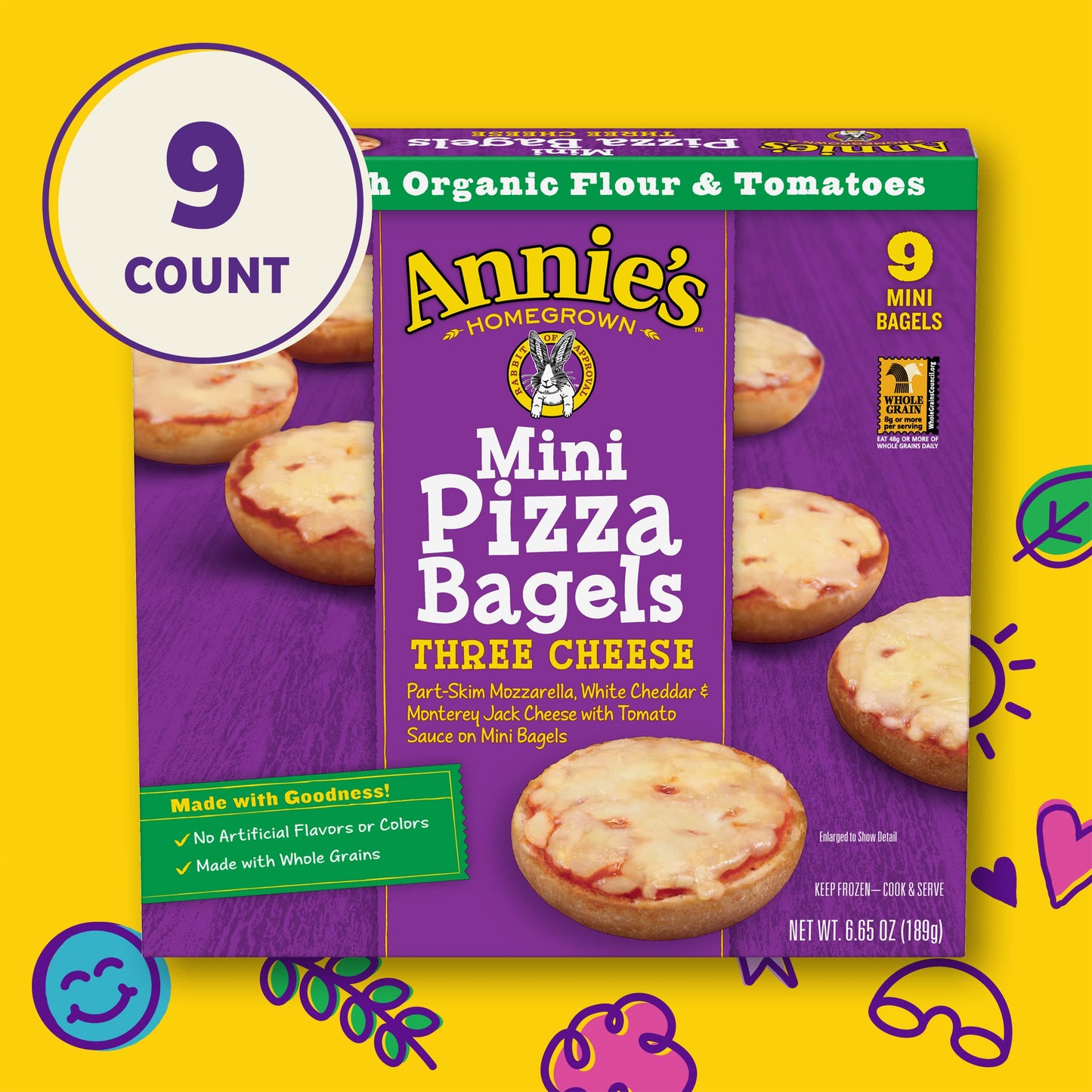 Annies Frozen Mini Pizza Bagels, Three Cheese, Snacks, 9 Ct, 6.65 oz