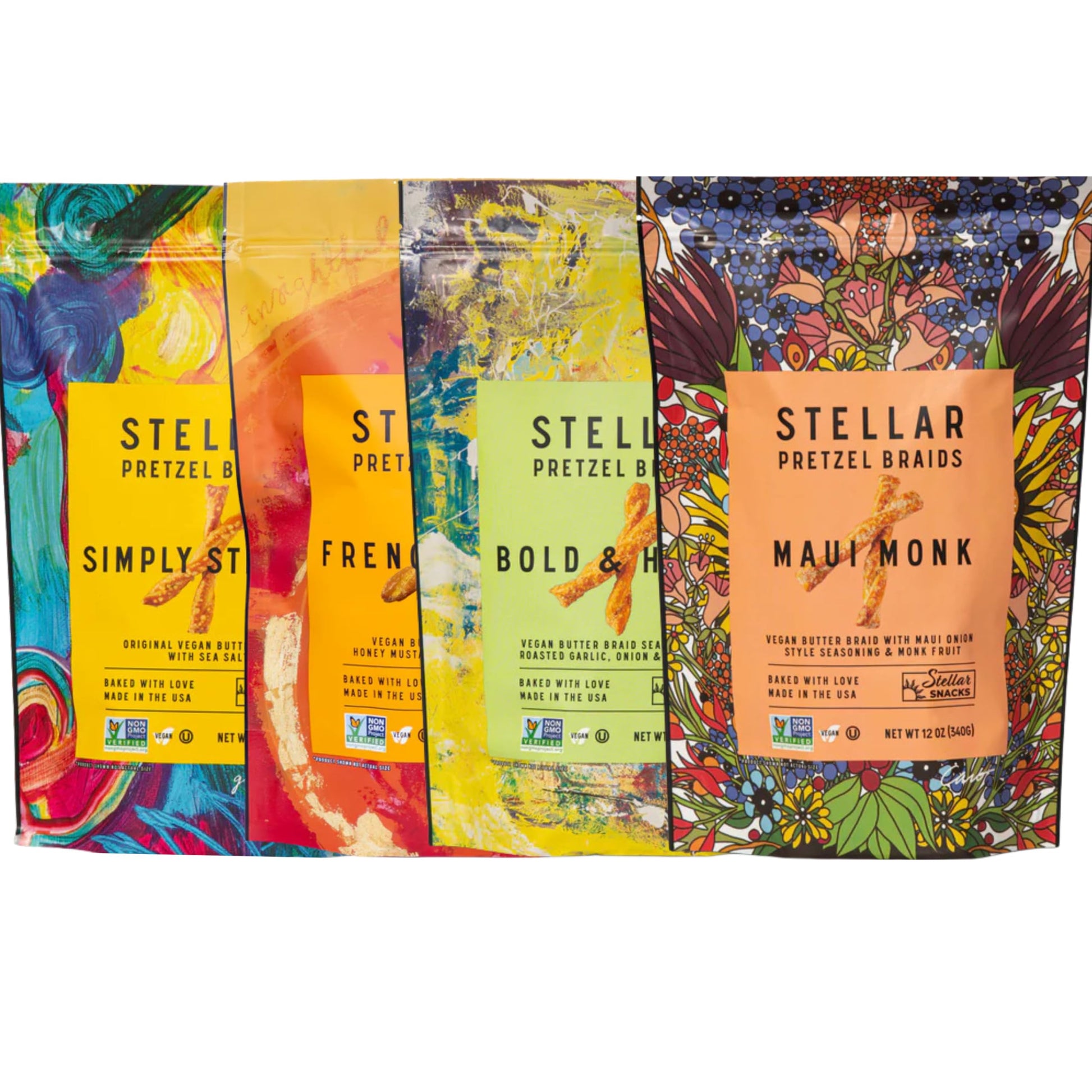 Stellar Snacks Pretzel Braids  4 Flavor 12 Oz Bag Variety Pack  Maui Monk  Simply Stellar  Bold & Herby  French Dijon  Gourmet Pretzel Sticks  Vegan  Kosher  Non GMO  Peanut Free  Healthy Snack