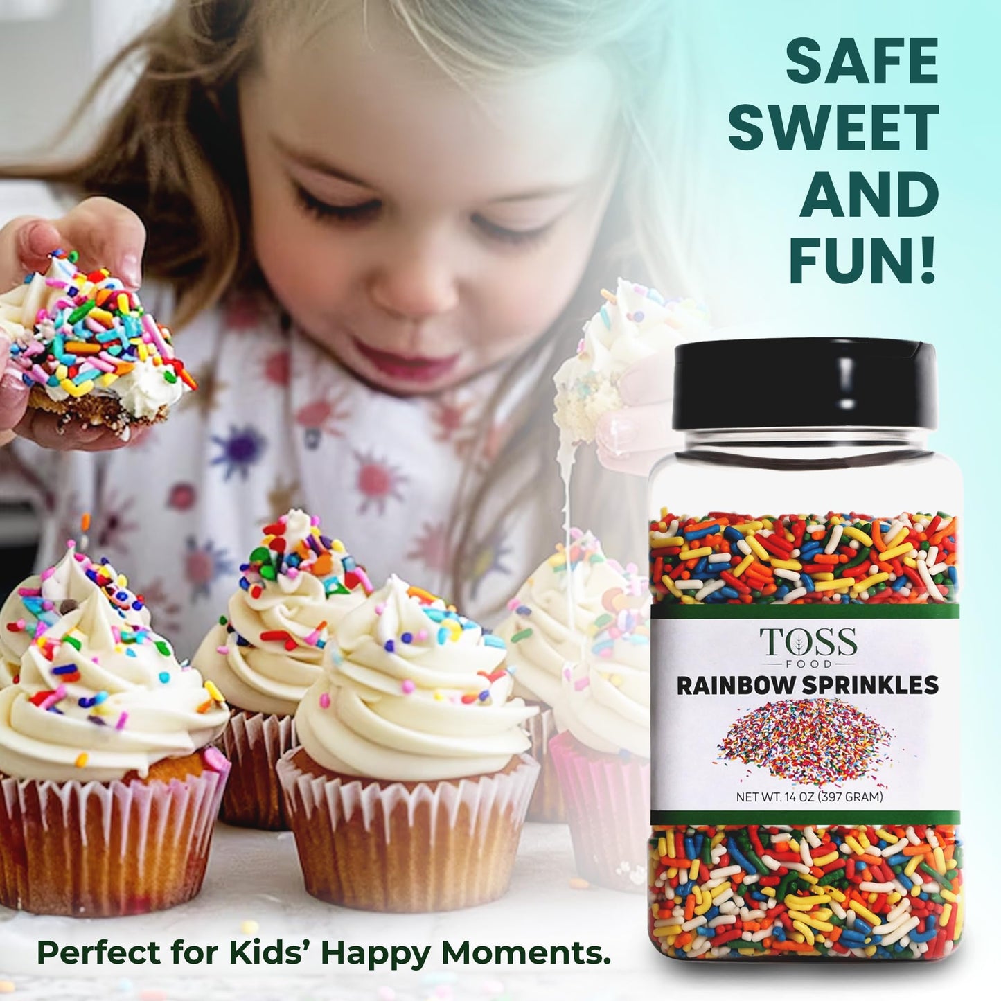 Toss Rainbow Sprinkles Jimmies, 14 Oz, Decorating Topping For Baking, Ice Cream, Cake, Cupcakes, Resealable Container