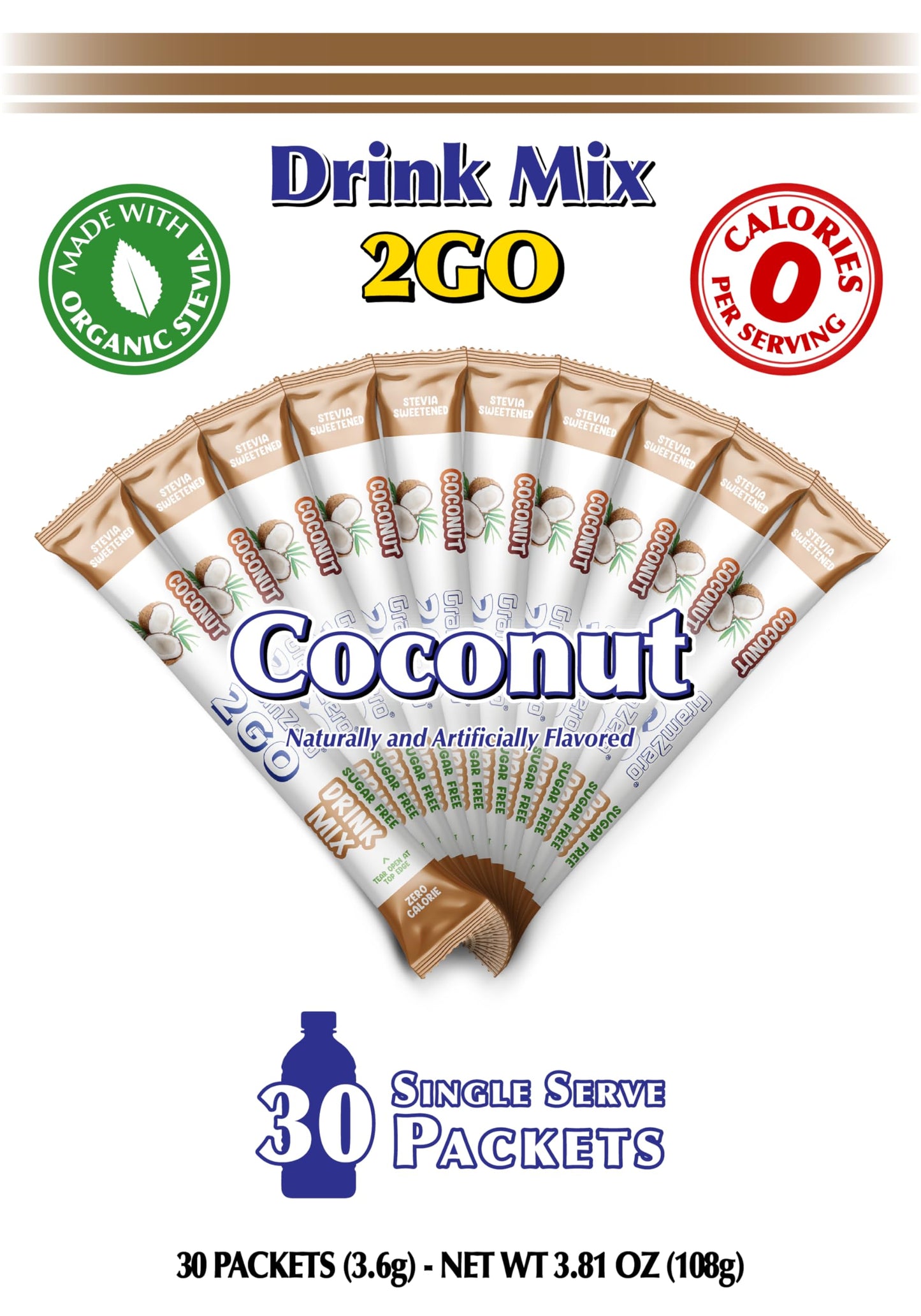 Gramzero 2Go Sticks - Coconut, Zero Calorie Sugar Free Drink Mix, Stevia Sweetened, Great For Nutrition Club Loaded Tea To Go Ki