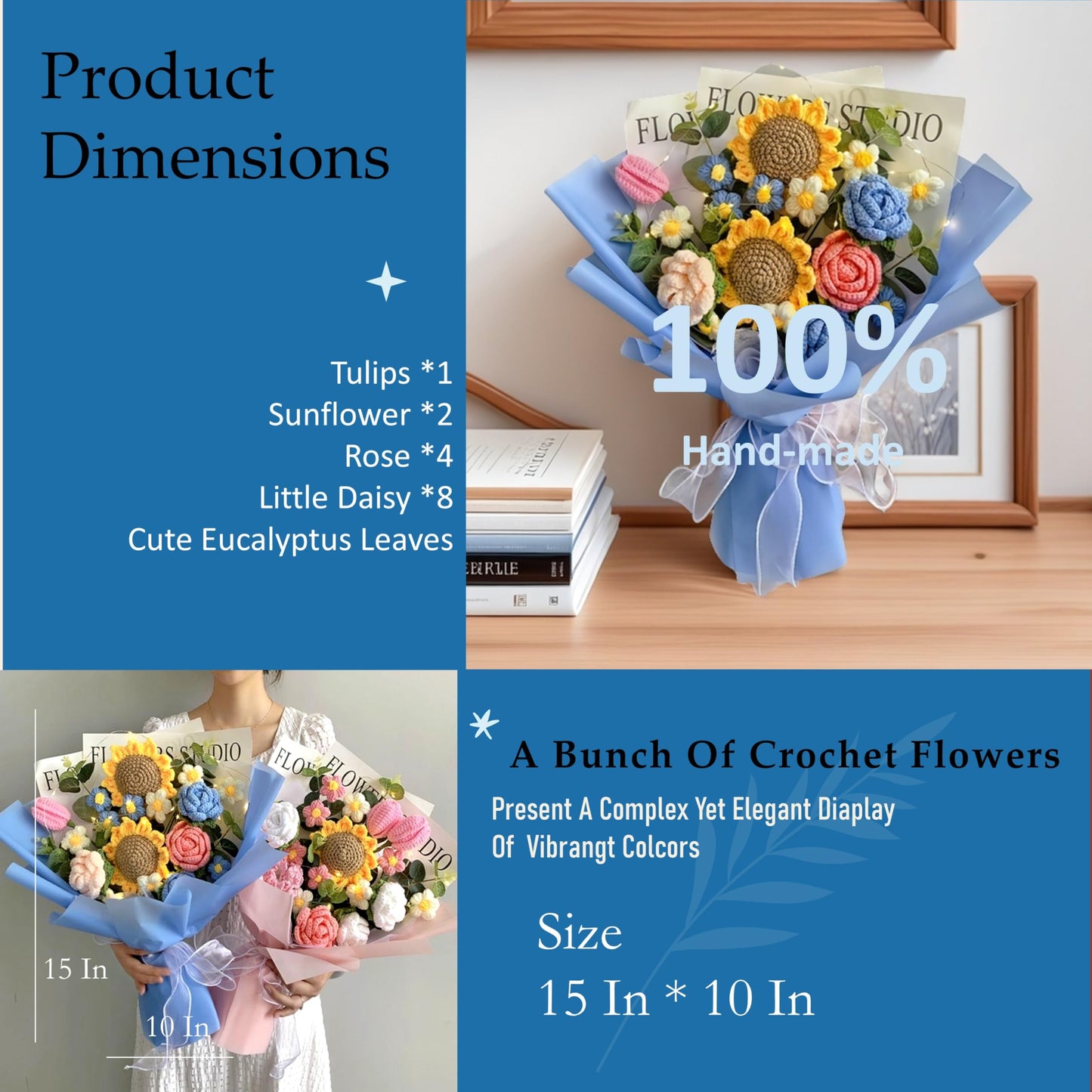 LOEVEN Crochet Flower Bouquet, Handmade Knitted Carnation, Blue, Model  ZER23, Artificial Flowers for Home Decor and Gifts