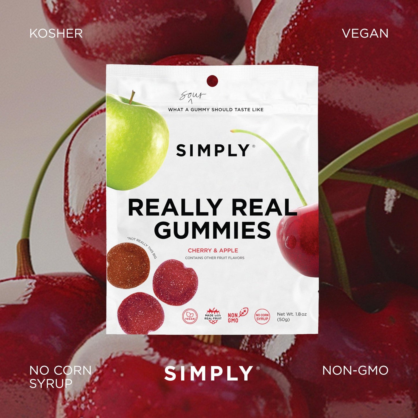 SIMPLY Really Real Gummies | Made with Real Fruit | Sour Cherry & Apple Fruit Bites | 1.8 oz (Pack of 8) | No Cane Sugar + Glute
