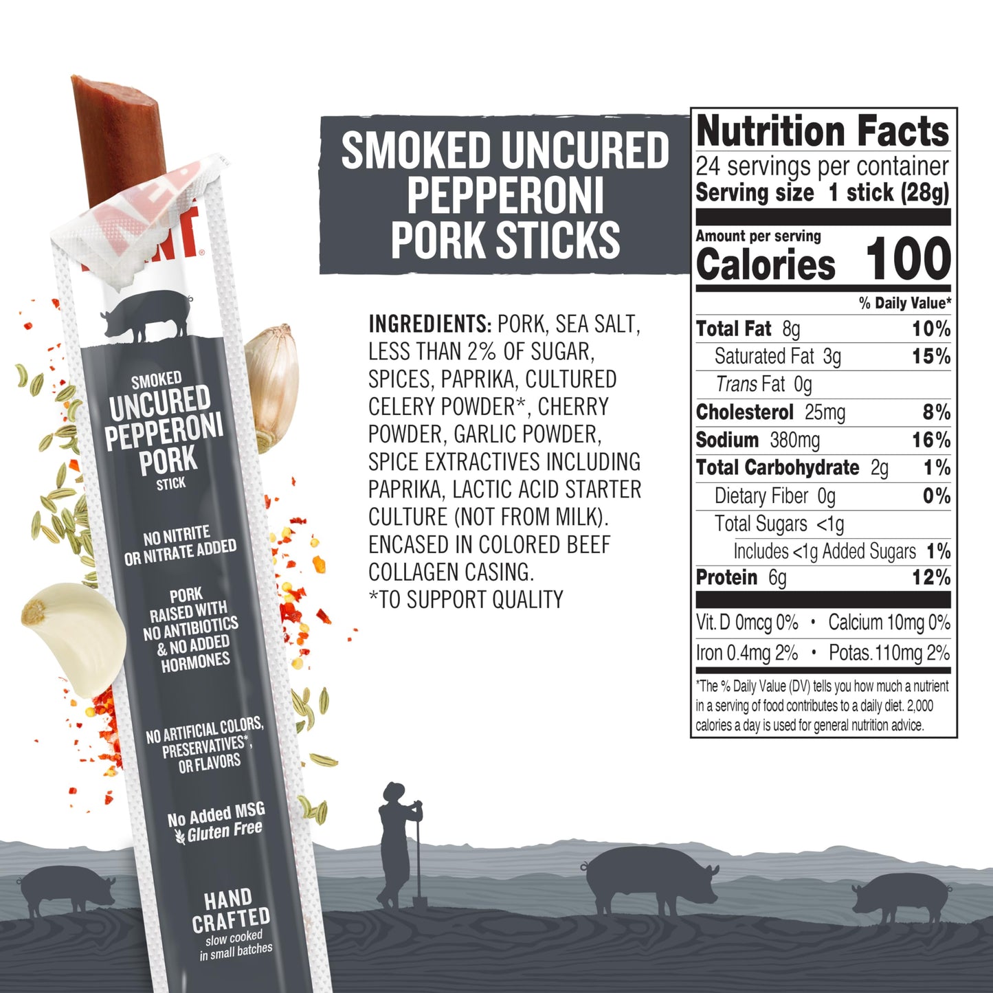 Vermont Smoke & Cure Snack Sticks - Pork Pepperoni - Maple Smoked - 24oz Jerky Stick, Healthy Meat Protein - 24 Count Carton
