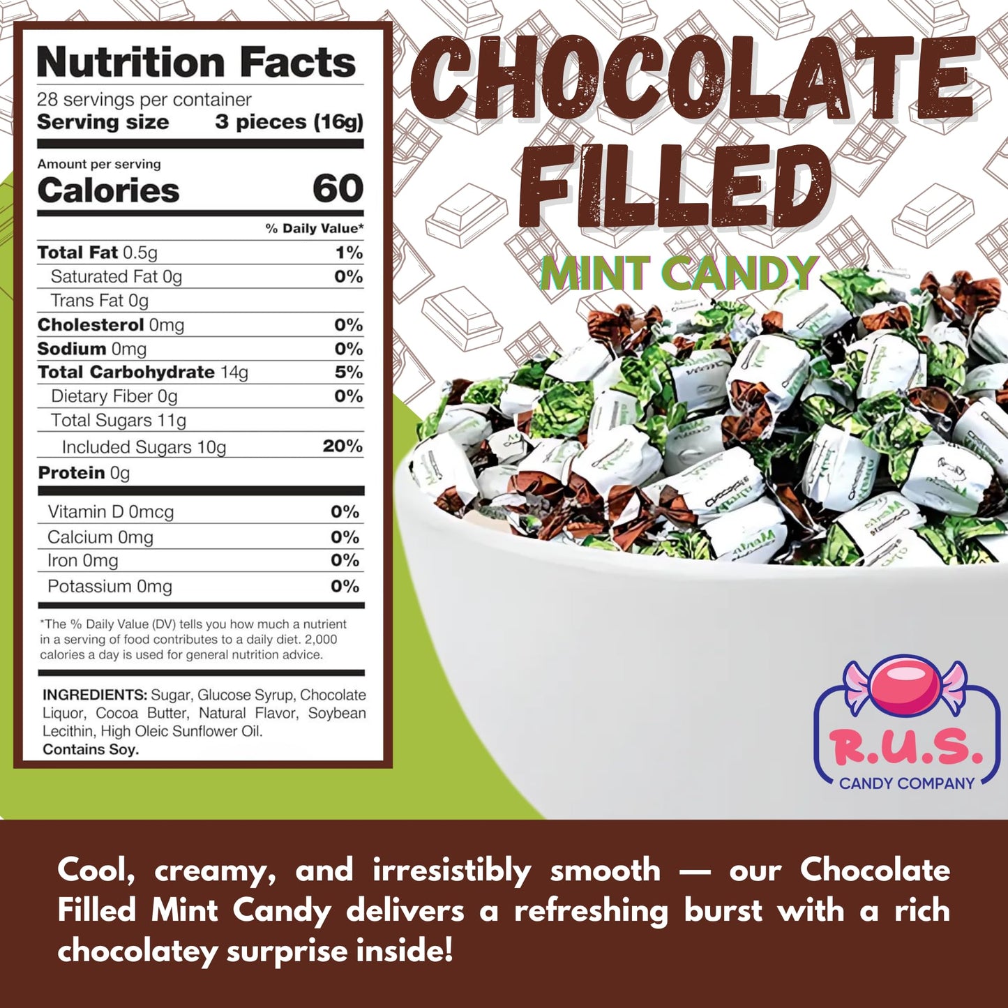 R.U.S. Candy Chocolate Filled Mint Hard Candy - 1 Pound Bag - About 80 Individually Wrapped Pieces