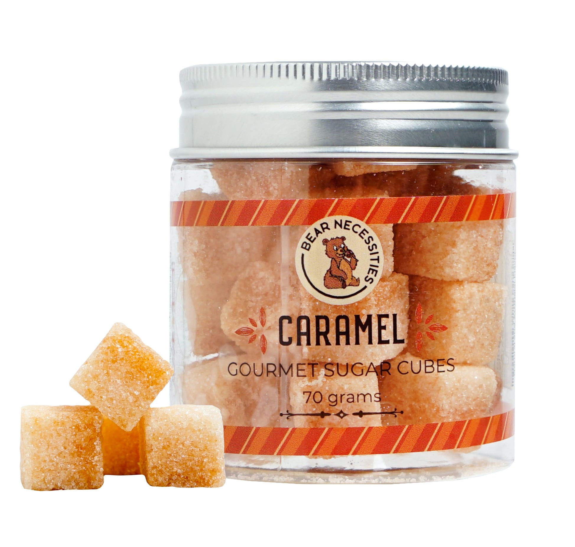 Bear Necessities Gourmet Sugar Cubes – Caramel Infused Sugar Cubes Handcrafted W/Pure Cane Sugar – Perfect For Coffee, Tea & Cocktails – Hostess Gift & Bar Accessory - 70G Jar - About 35 Cubes