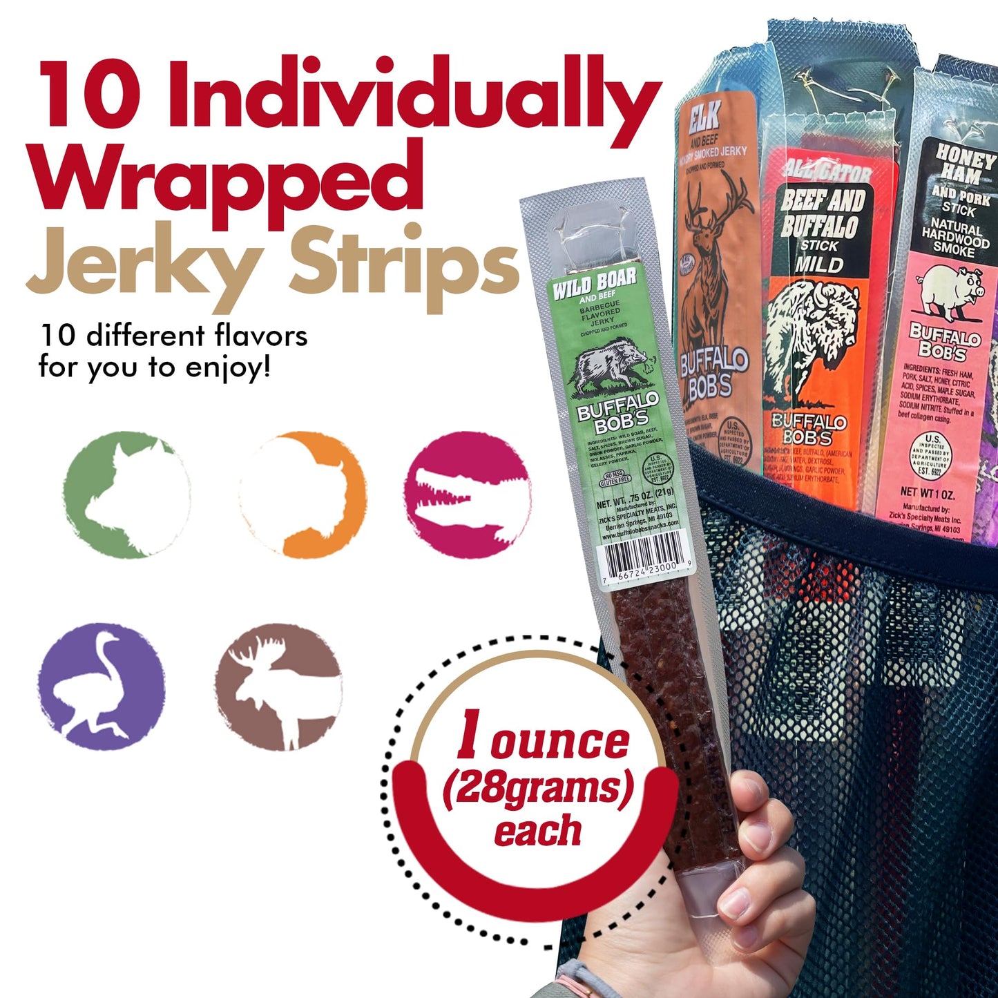 Jerky-n-Spice Exotic Jerky Gift Box, 10-Pack, Premium Flavored, High Protein, Gluten-Free, 1.7 Ounce Each