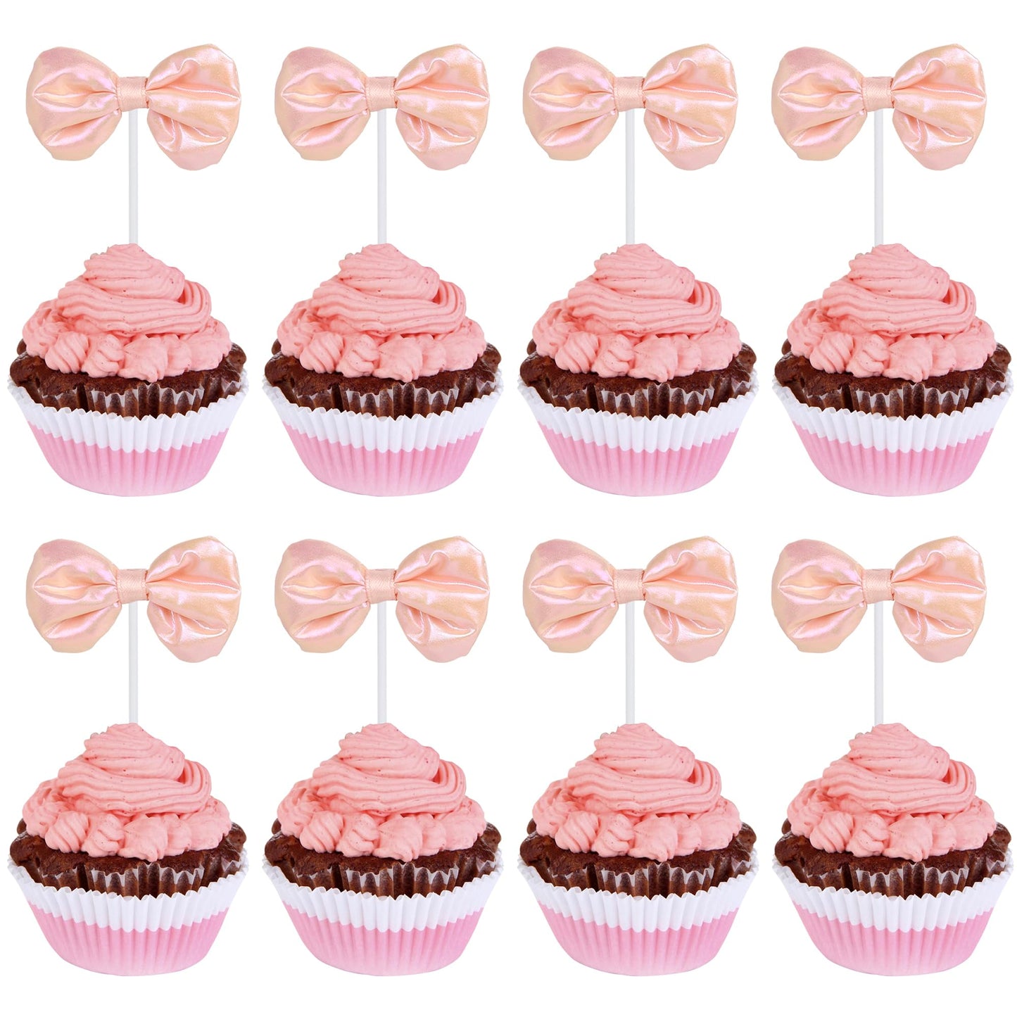 YCTHUNFISH Cupcake Toppers 12 Pack Pink Bowknot Decorations for Wedding, Bridal Shower, Birthday Party