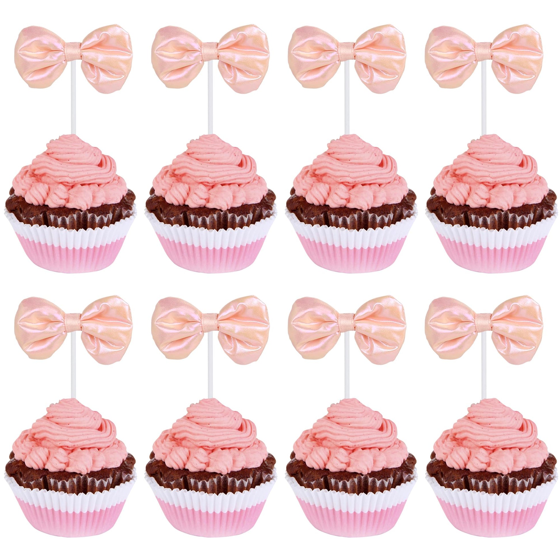 YCTHUNFISH Cupcake Toppers 12 Pack Pink Bowknot Decorations for Wedding, Bridal Shower, Birthday Party