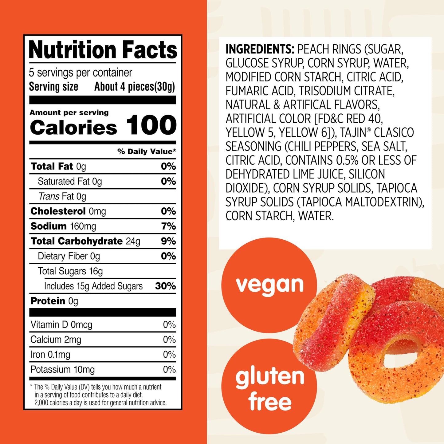 Snak Club Tajin Peach Rings, Sweet and Spicy Gummy Snacks, 5oz Resealable Bag, 6 Count